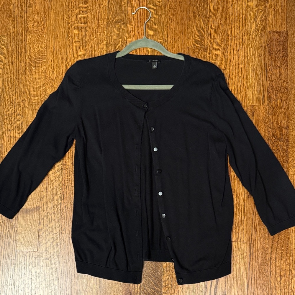 Talbots black Crewneck 3/4 sleeve pima cotton charming cardigan